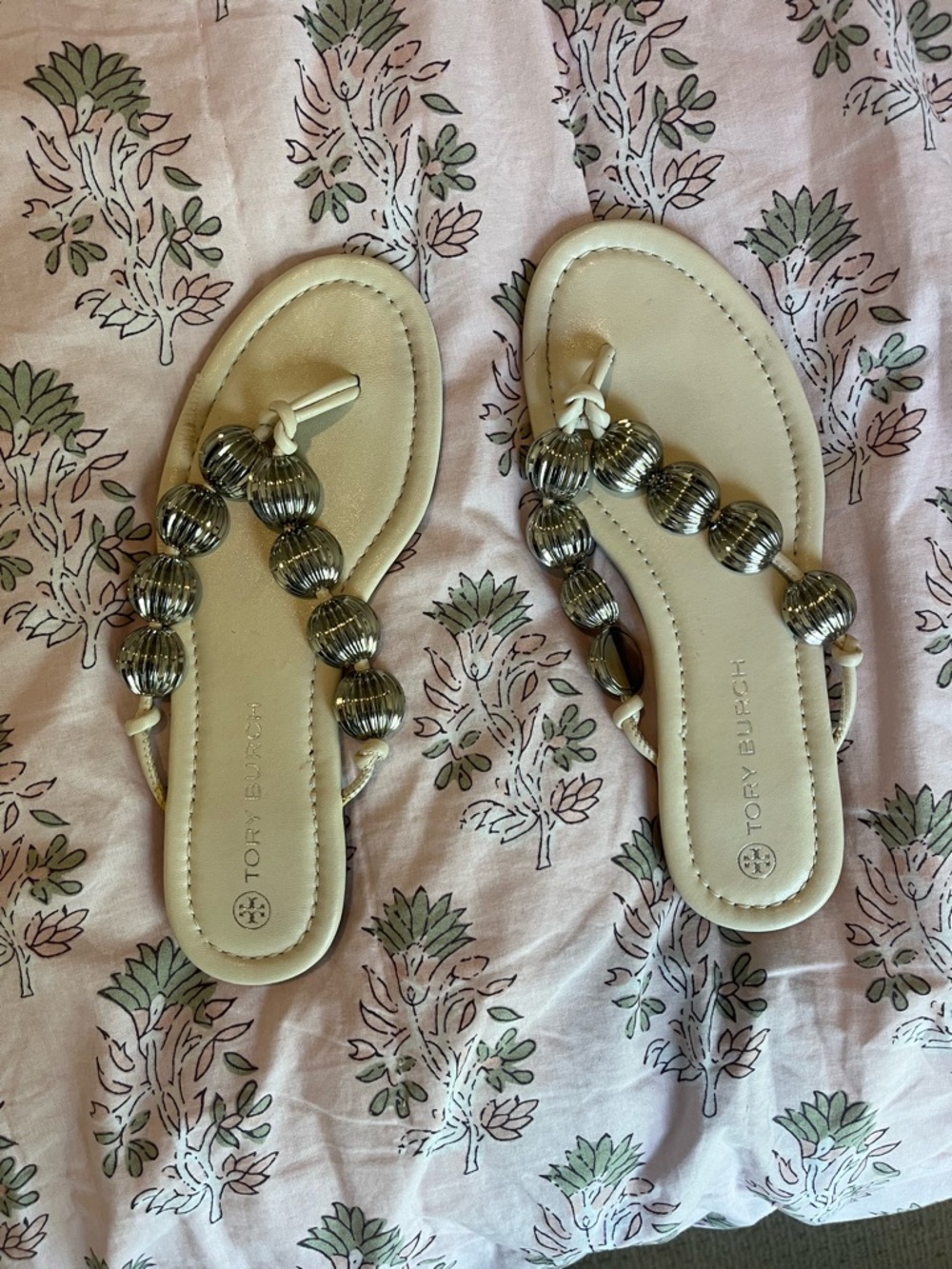 Tory Burch Cream Sandal with Silver Bead T-Strap